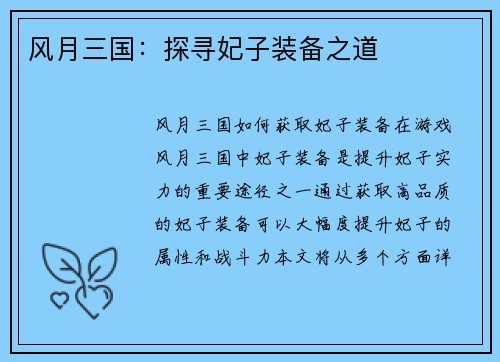 风月三国：探寻妃子装备之道